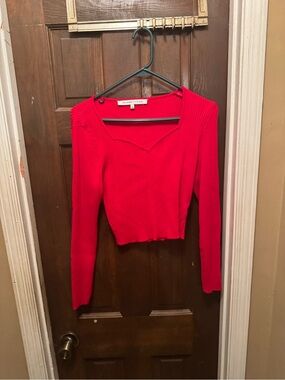 Women’s Large Juniors Cropped Celebrity Pink Red Ribbed Long Sleeve Top